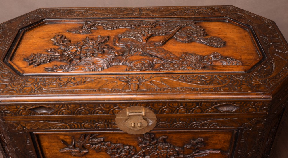 Unusual Shaped Chinese Carved Camphor wood chest  View III