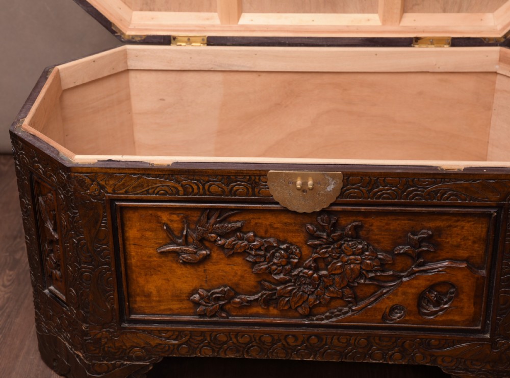 Unusual Shaped Chinese Carved Camphor wood chest  View IX