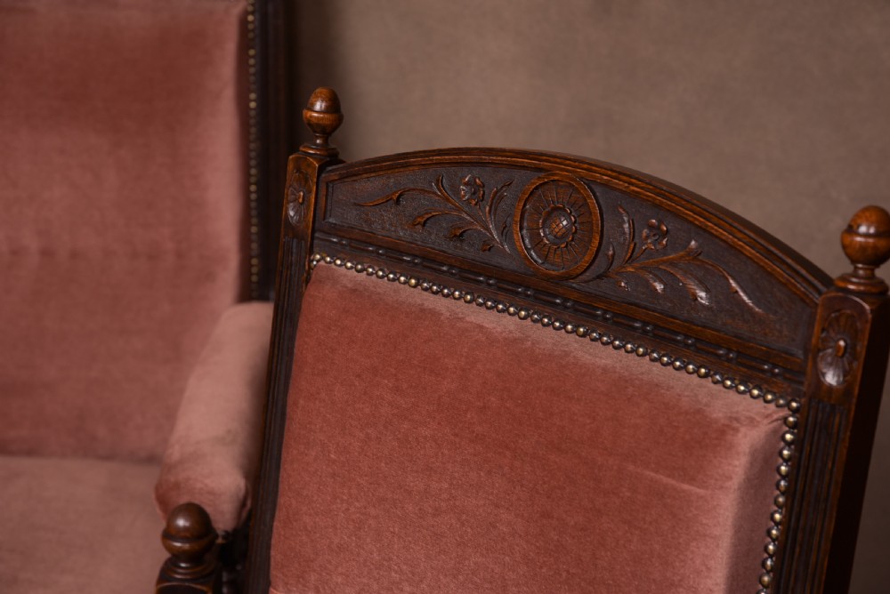 Pair of Edwardian Carved oak ladies and gents arm chairs  View XI