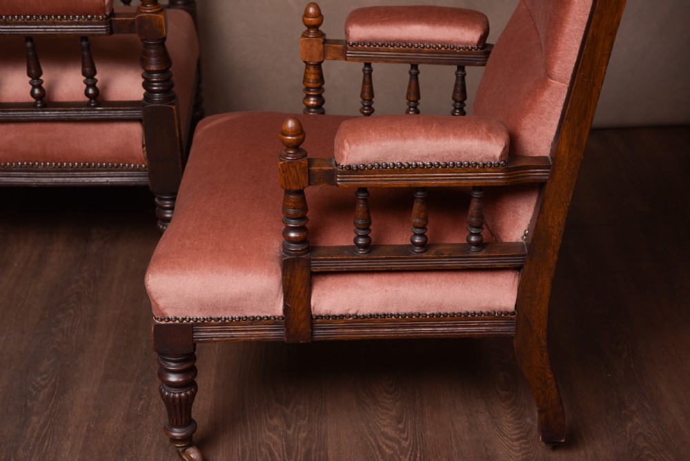 Pair of Edwardian Carved oak ladies and gents arm chairs  View XIII