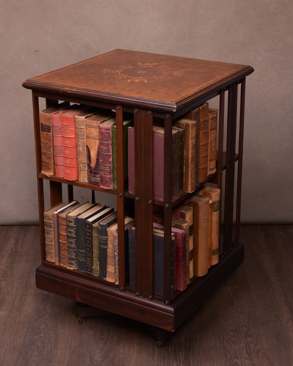 Quality Edwardian inlaid Plum pudding Mahogany revolving bookcase 