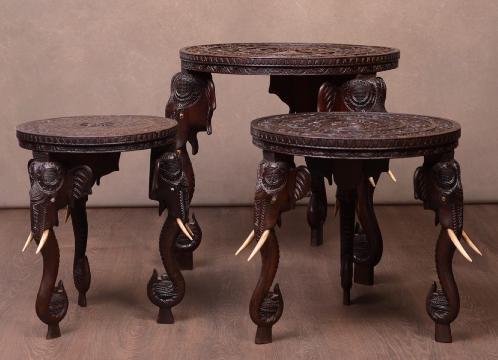 late 19th century Carved indian set of 3 tables