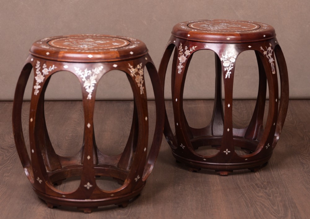 Pair of inlaid Chinese Barrel side tables