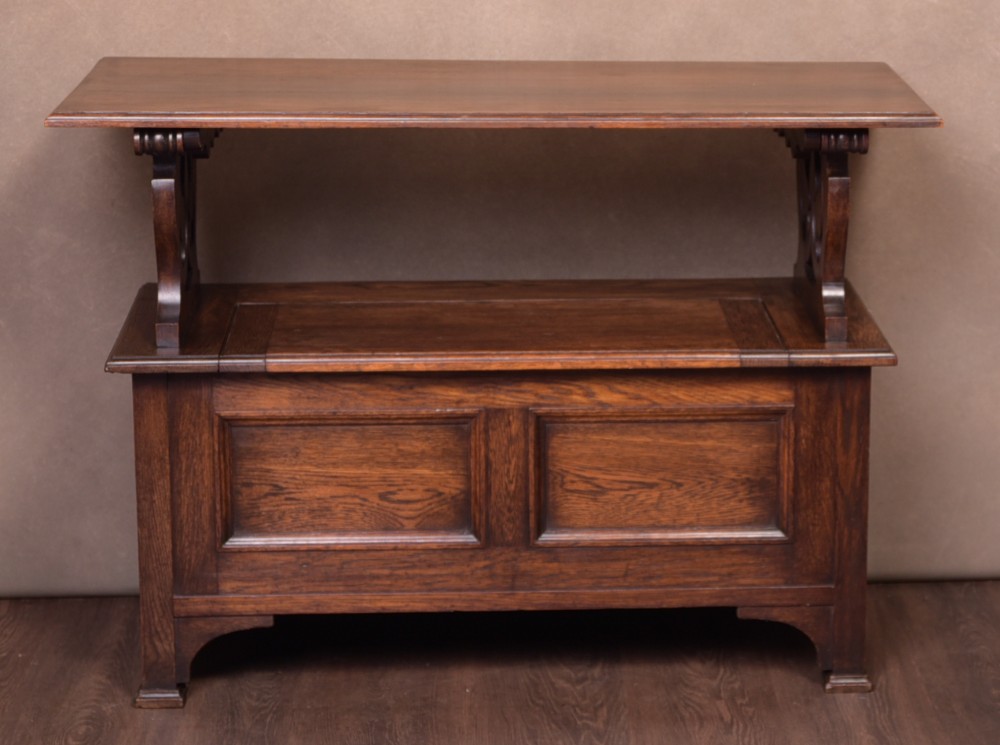 Edwardian Arts and crafts Oak Monks bench by Justice of Dundee 
