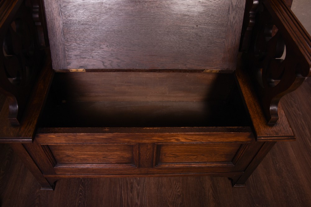 Edwardian Arts and crafts Oak Monks bench by Justice of Dundee  View XIV