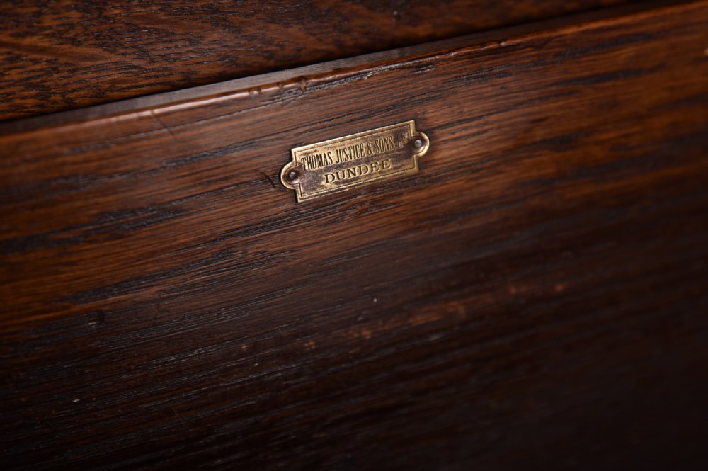 Edwardian Arts and crafts Oak Monks bench by Justice of Dundee  View XVIII