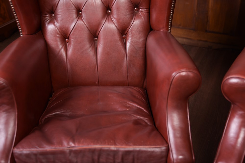 Edwardian Pair of leather Chesterfield wing back chairs  View VII