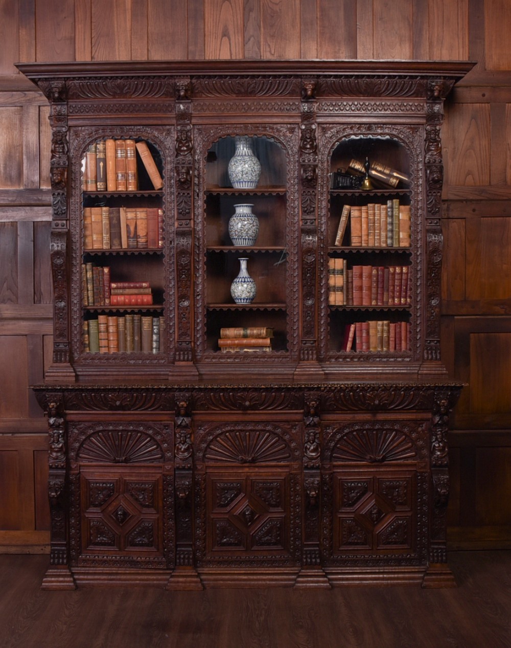 Outstanding Late 19th Century Carved oak 3 door Bookcase 