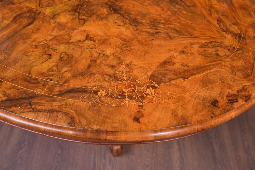 Fabulous Victorian Inlaid Burr Walnut snap top loo table  View VI