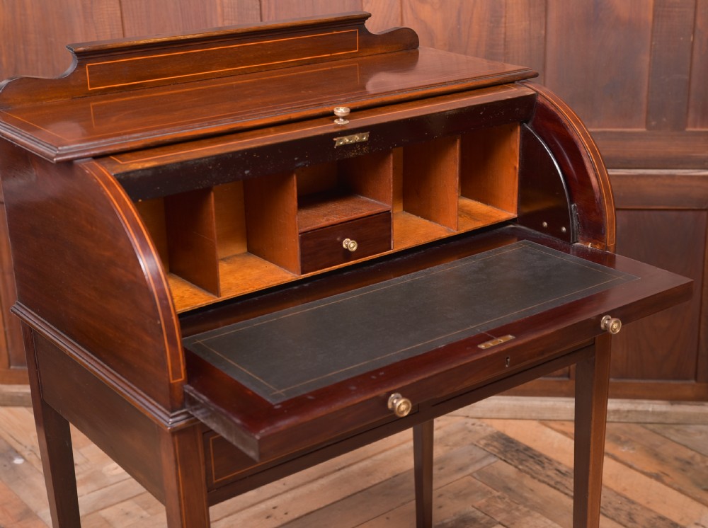 Neat Edwardian Inlaid Mahogany Cylinder writing desk View IX