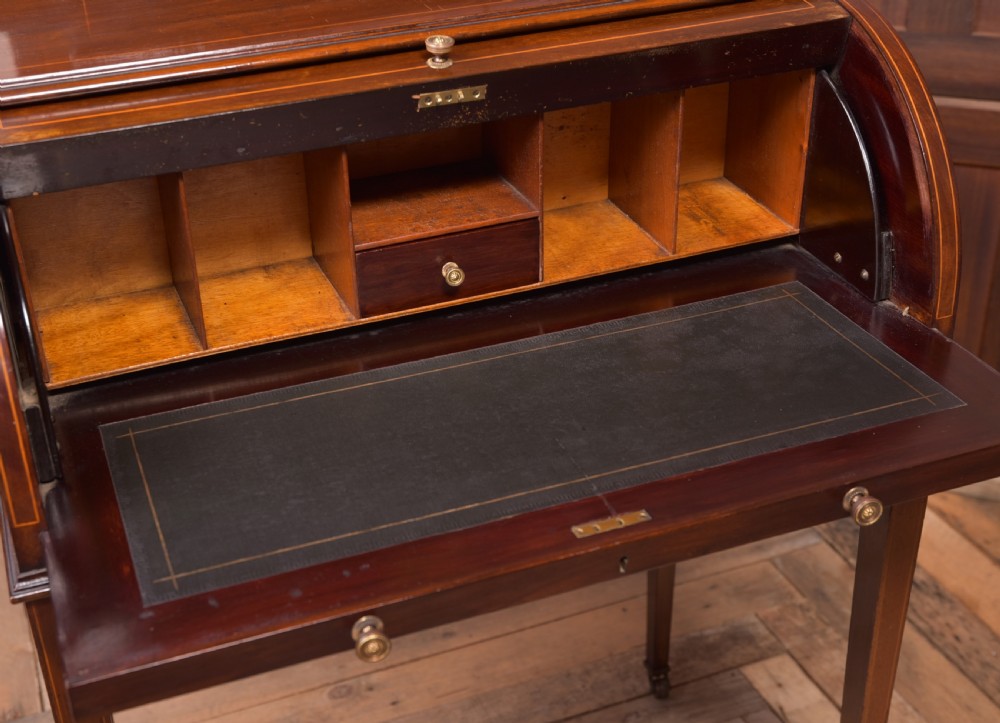 Neat Edwardian Inlaid Mahogany Cylinder writing desk View X