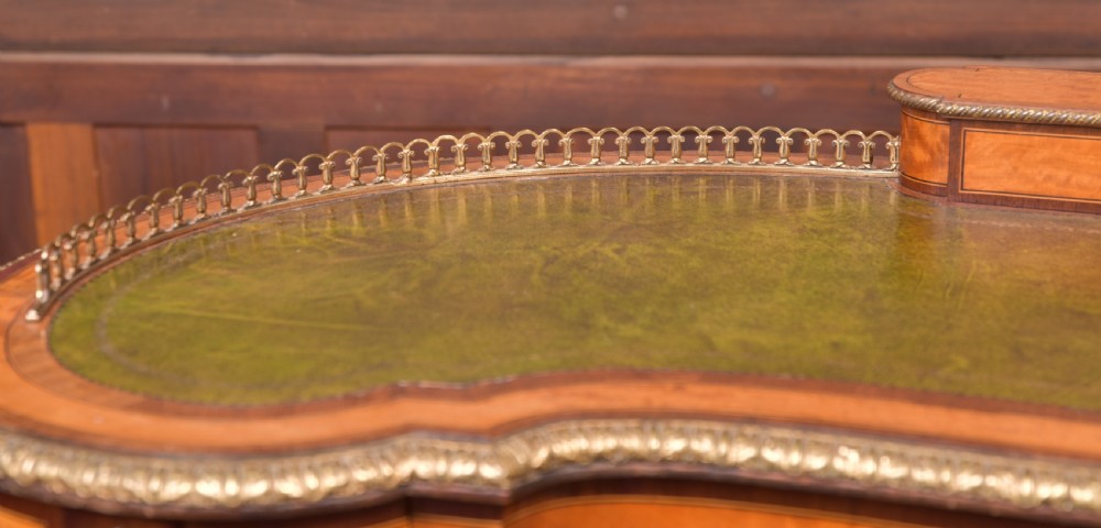 Outstanding Victorian Satinwood and rosewood Kidney shape writing desk View II