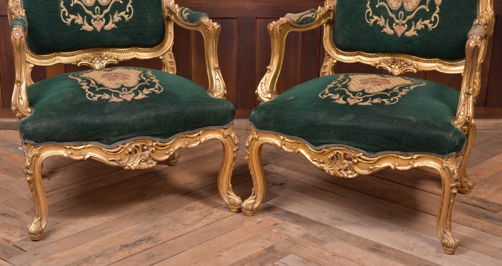 Pair of Victorian Gilt wood Arm Chairs  View XVI