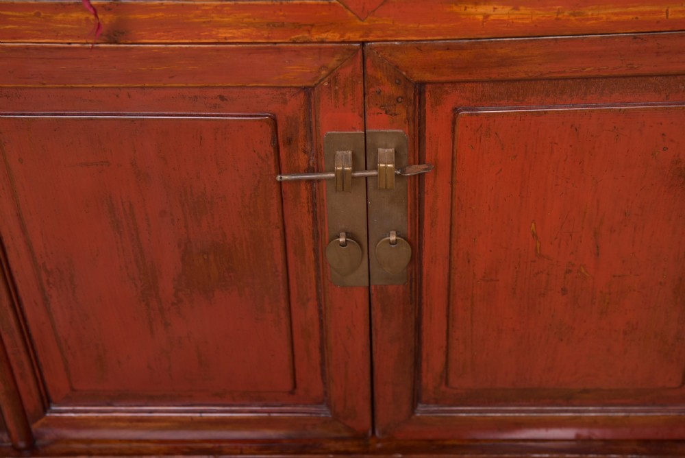 Pair of Chinese red lacquered side cabinets   View II