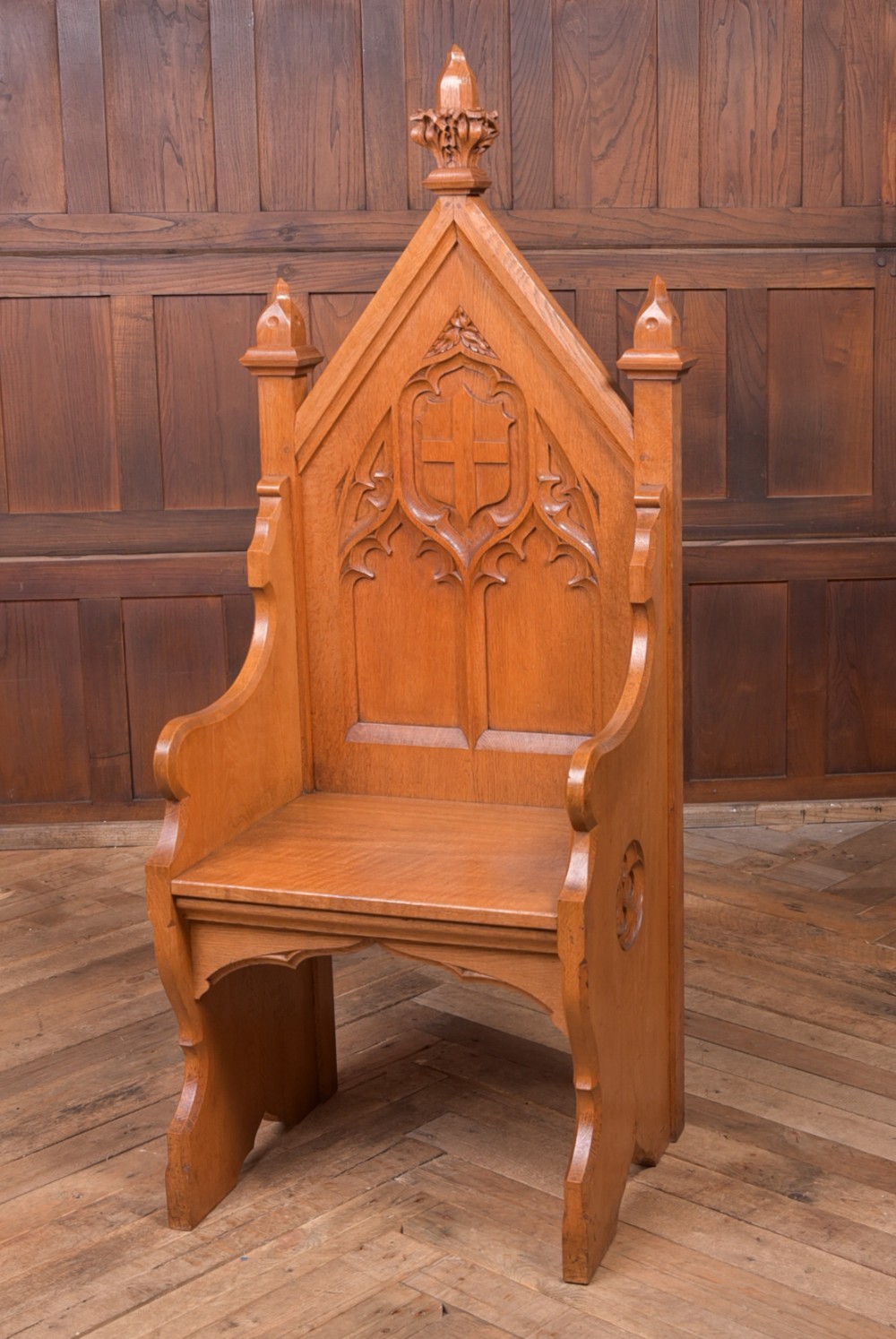 19th Century Honey Oak Gothic Hall Seat