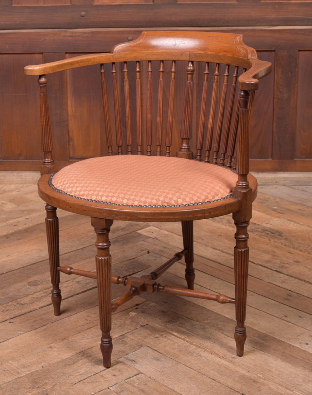 Edwardian Inlaid Mahogany oval arm chair 