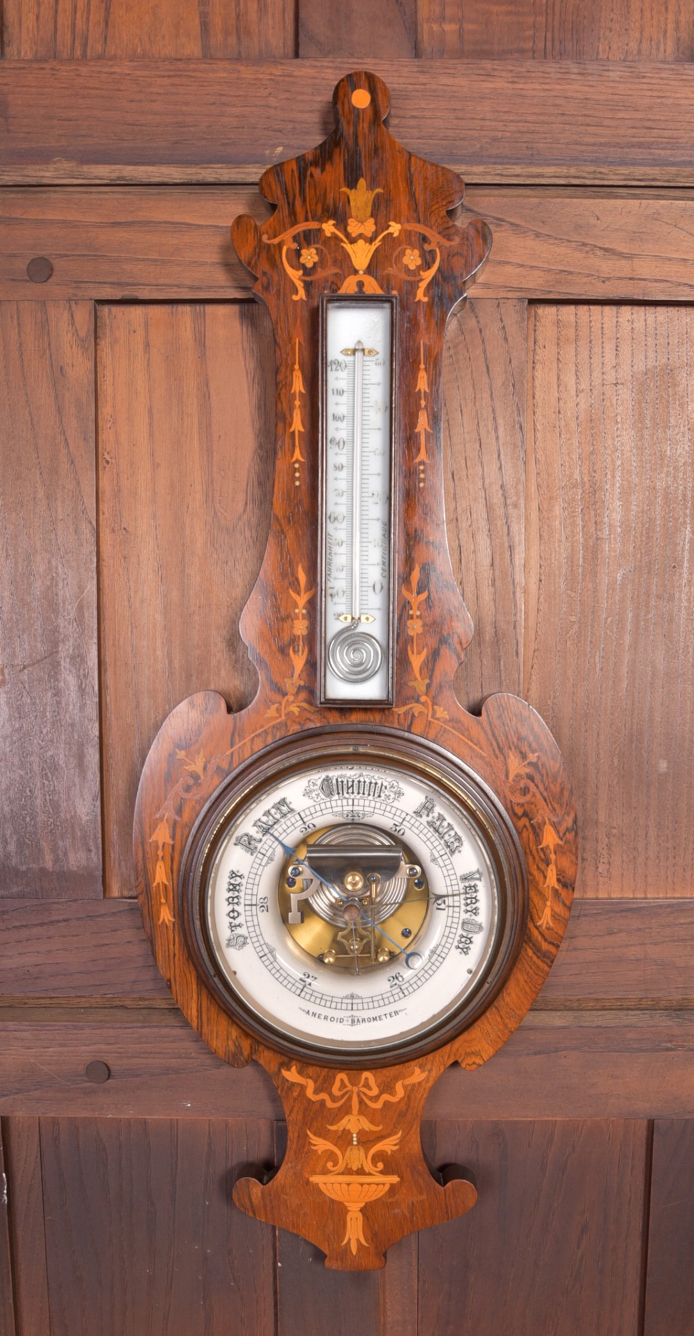 Edwardian Rosewood Marquetry Aneriod Barometer 