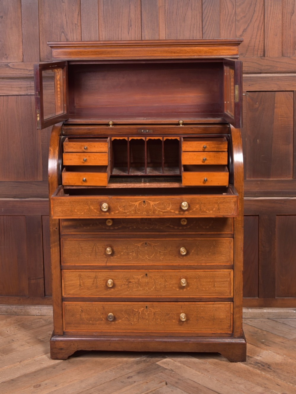Edwardian inlaid cylinder desk View IV