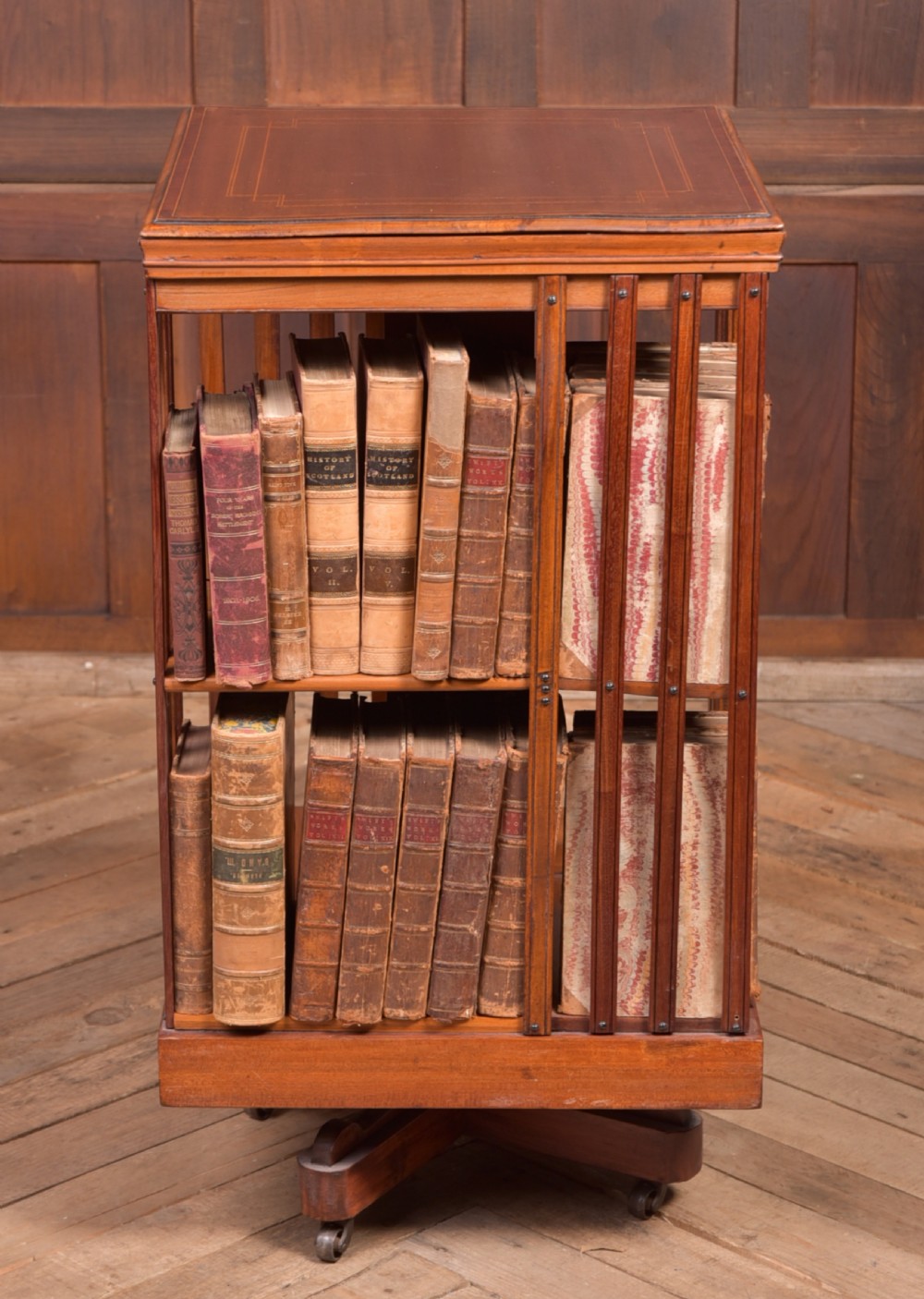 Edwardian Mahogany inlaid revolving bookcase View IX