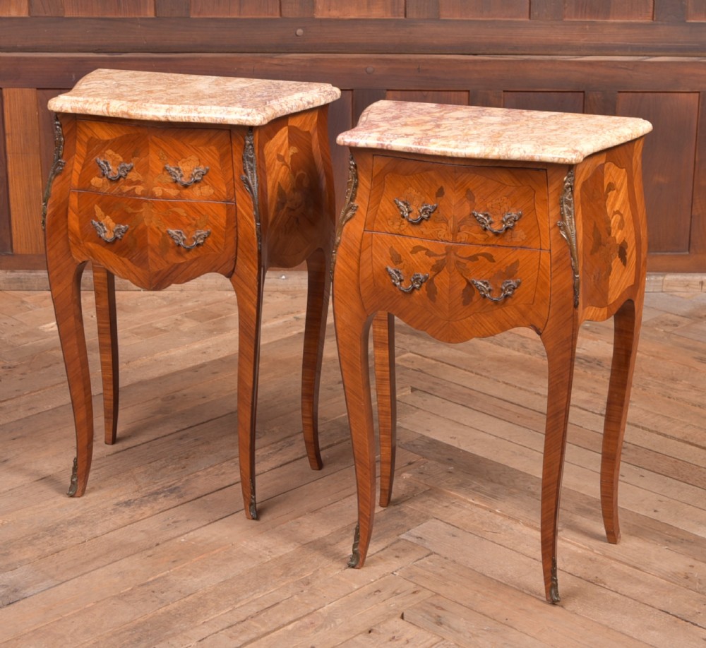 Pair of Edwardian French marble top bedside cabinets