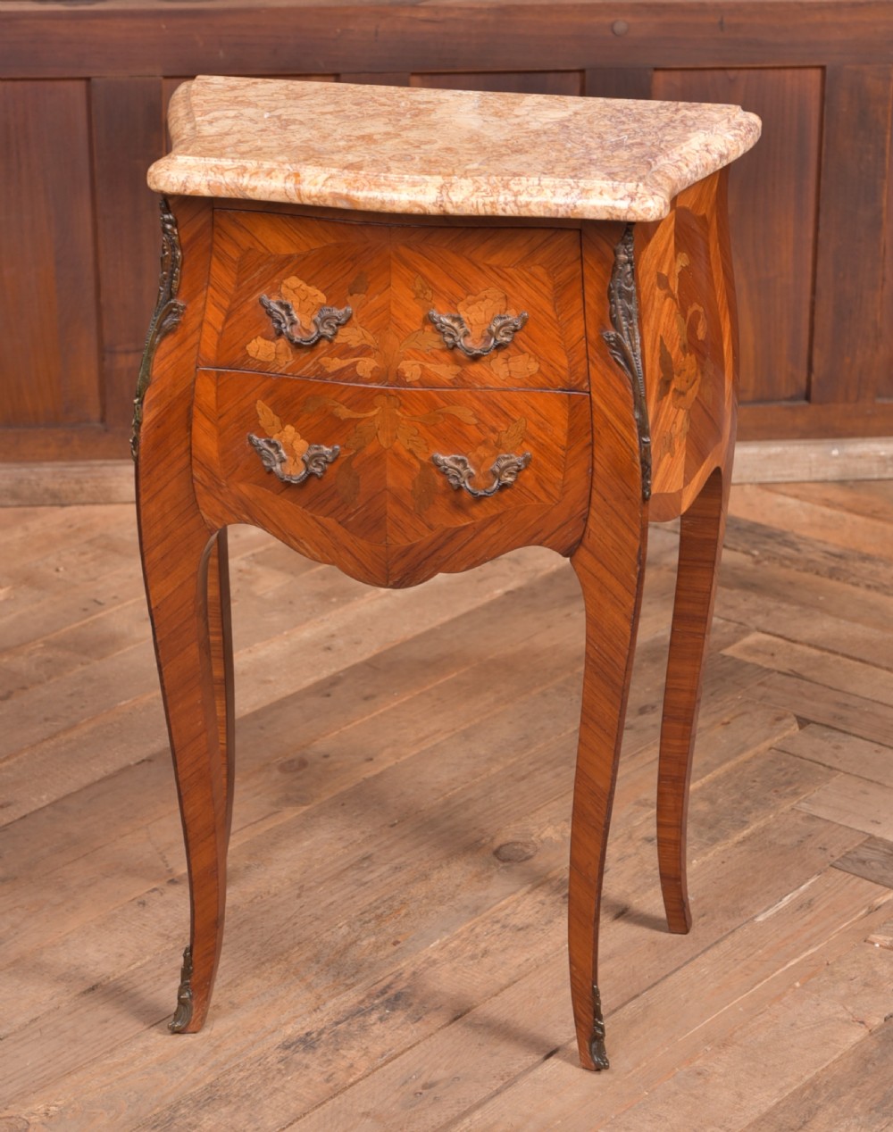 Pair of Edwardian French marble top bedside cabinets View II
