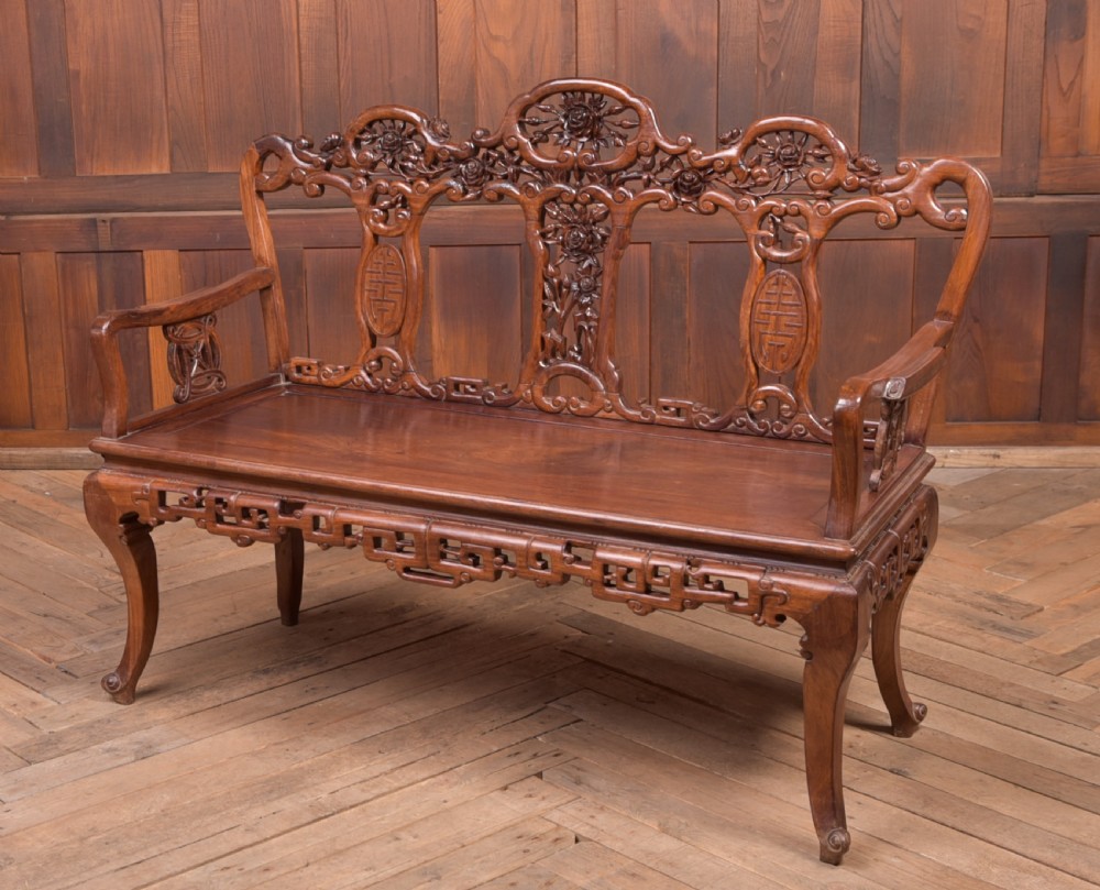 Stunning 19th century hardwood carved Chinese bench View II