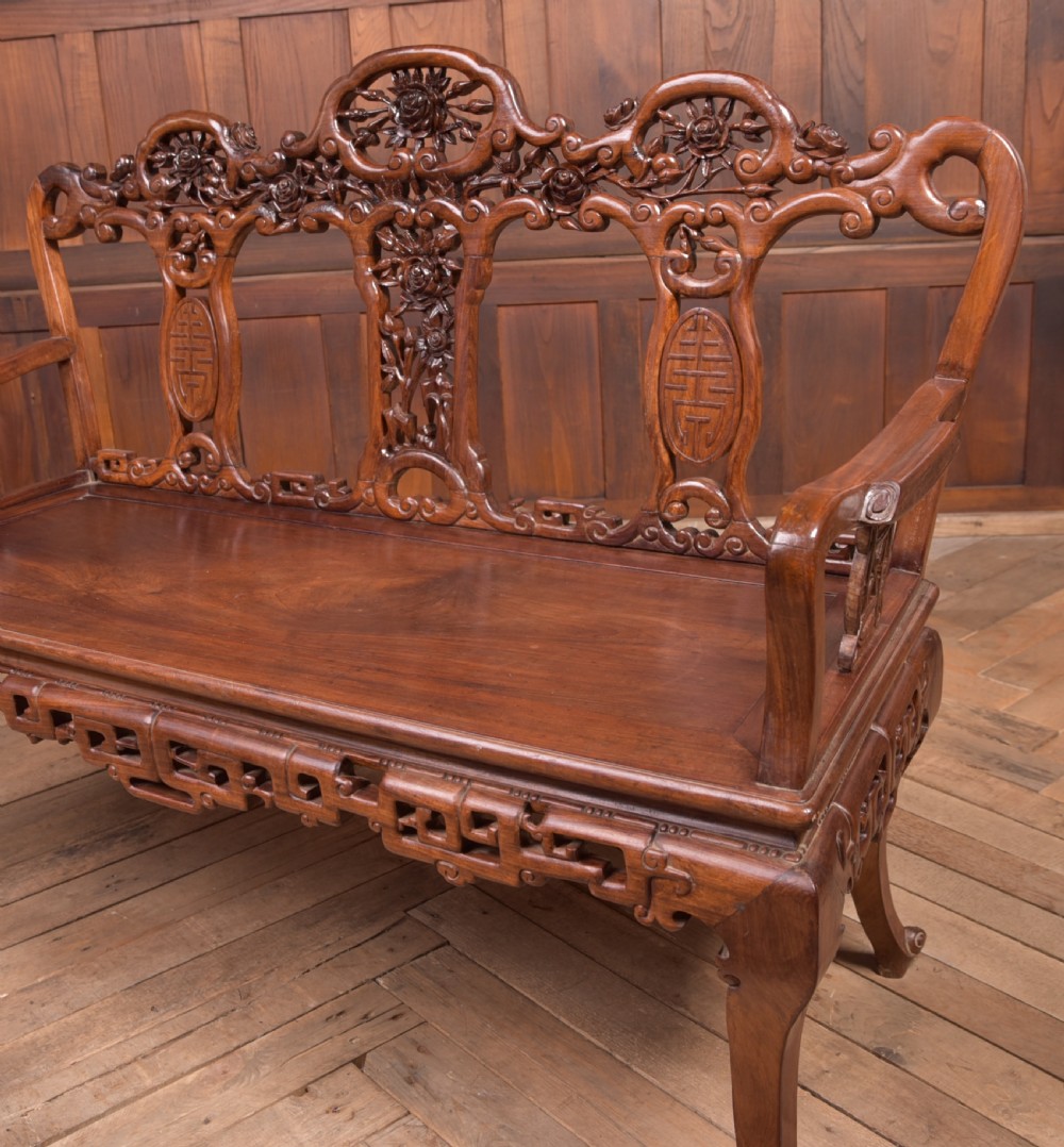 Stunning 19th century hardwood carved Chinese bench View V