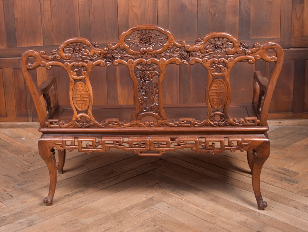 Stunning 19th century hardwood carved Chinese bench View X
