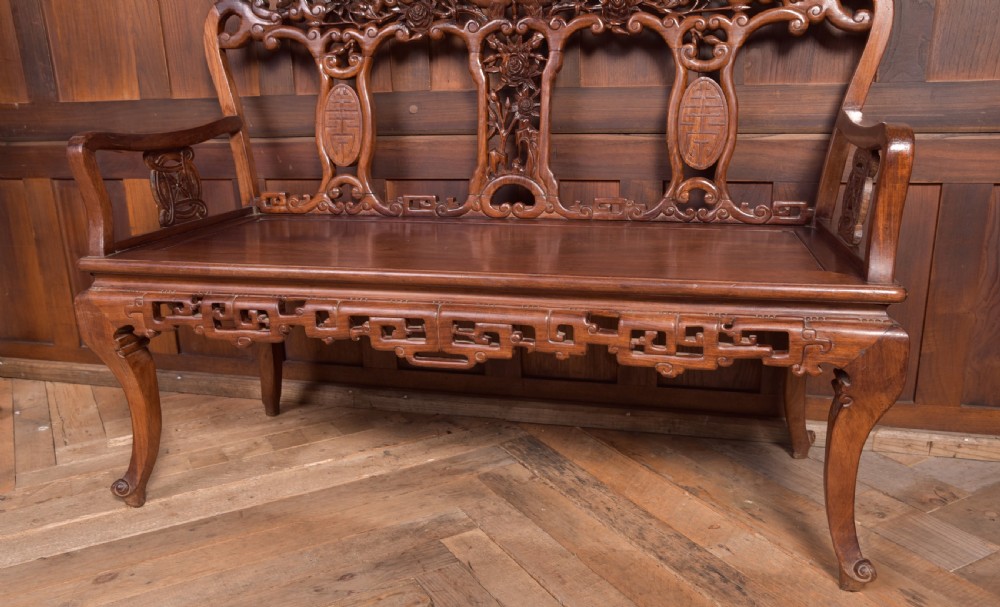 Stunning 19th century hardwood carved Chinese bench View XIII
