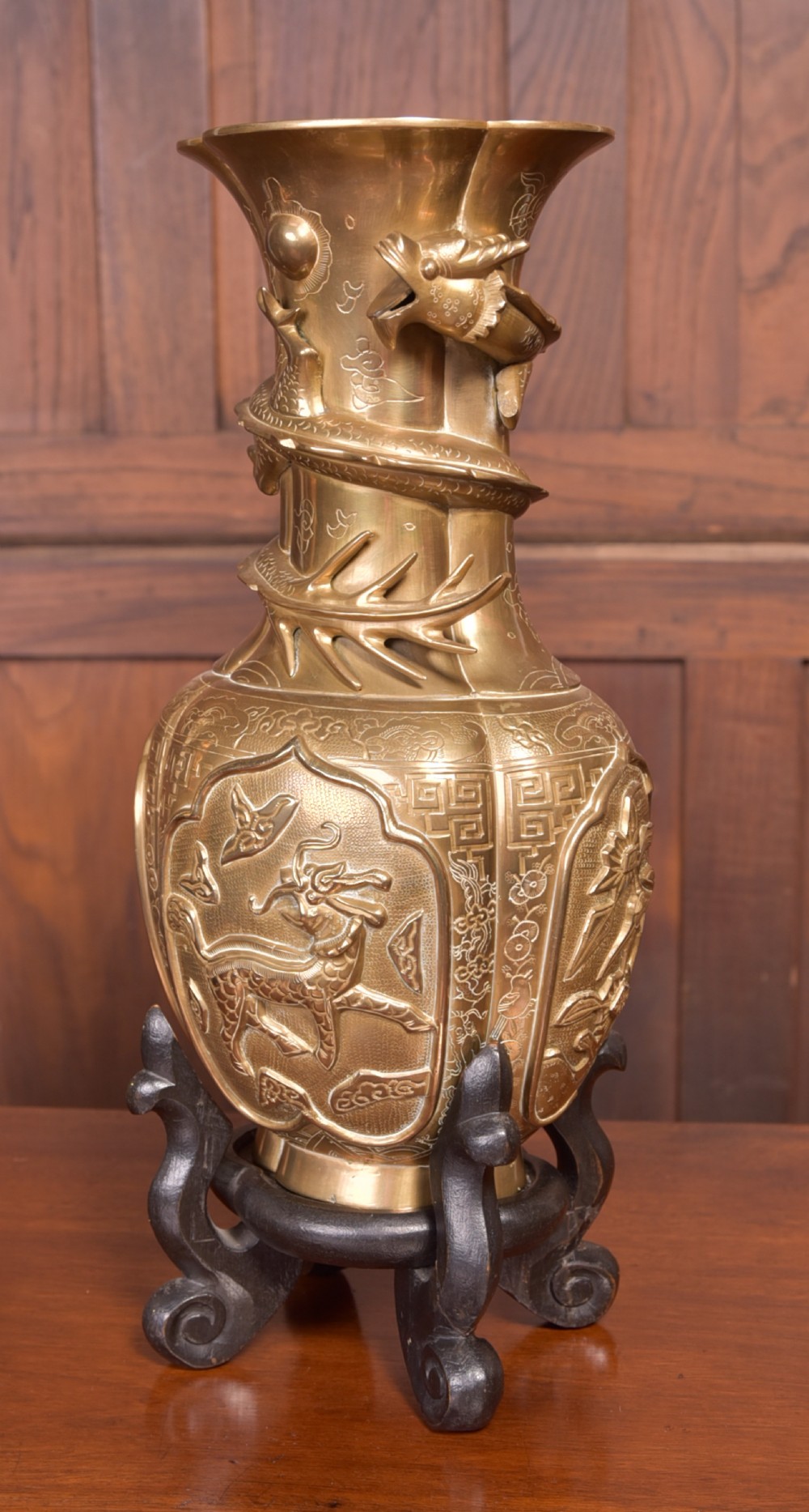 Pair of Edwardian Chinese brass vases on stands View II