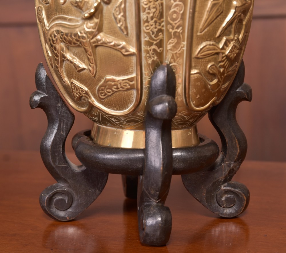 Pair of Edwardian Chinese brass vases on stands View III