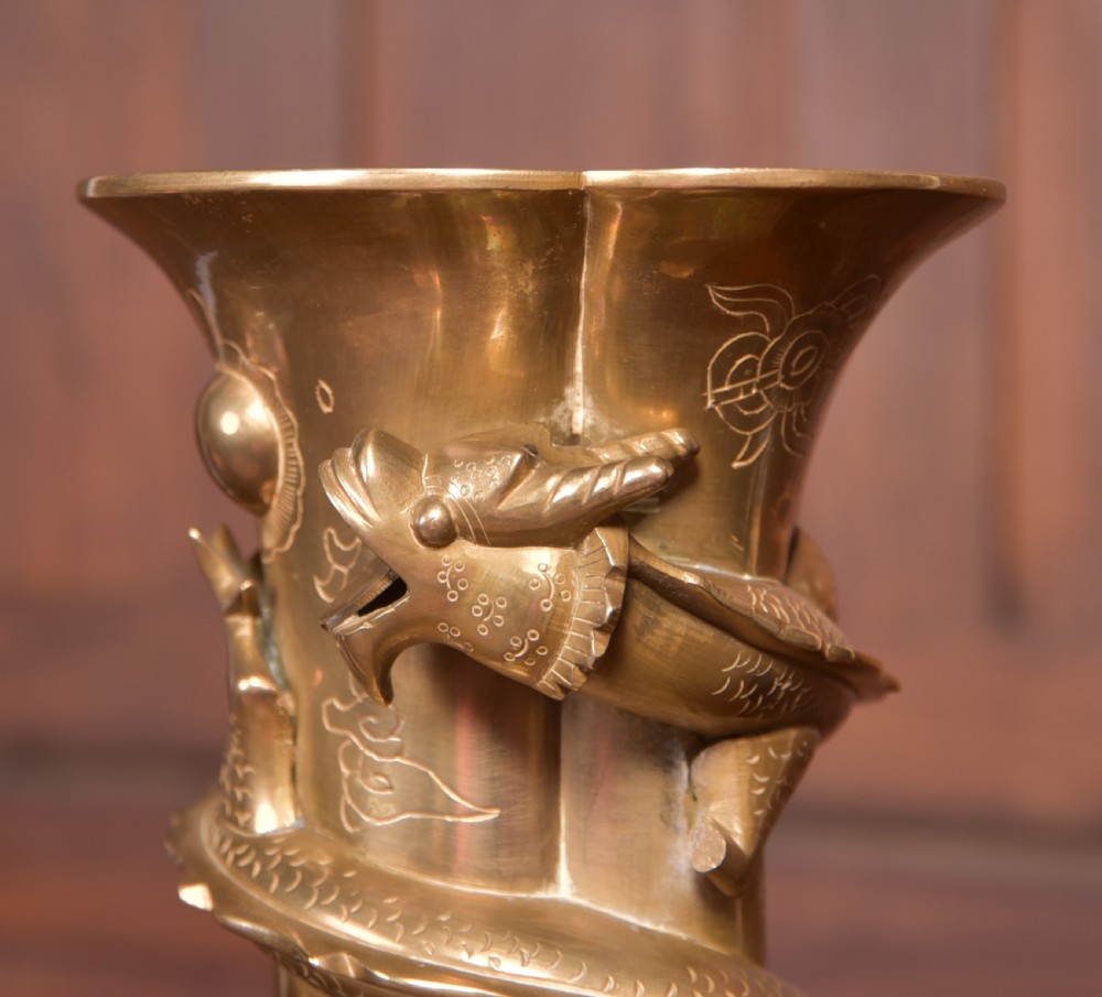 Pair of Edwardian Chinese brass vases on stands View IV