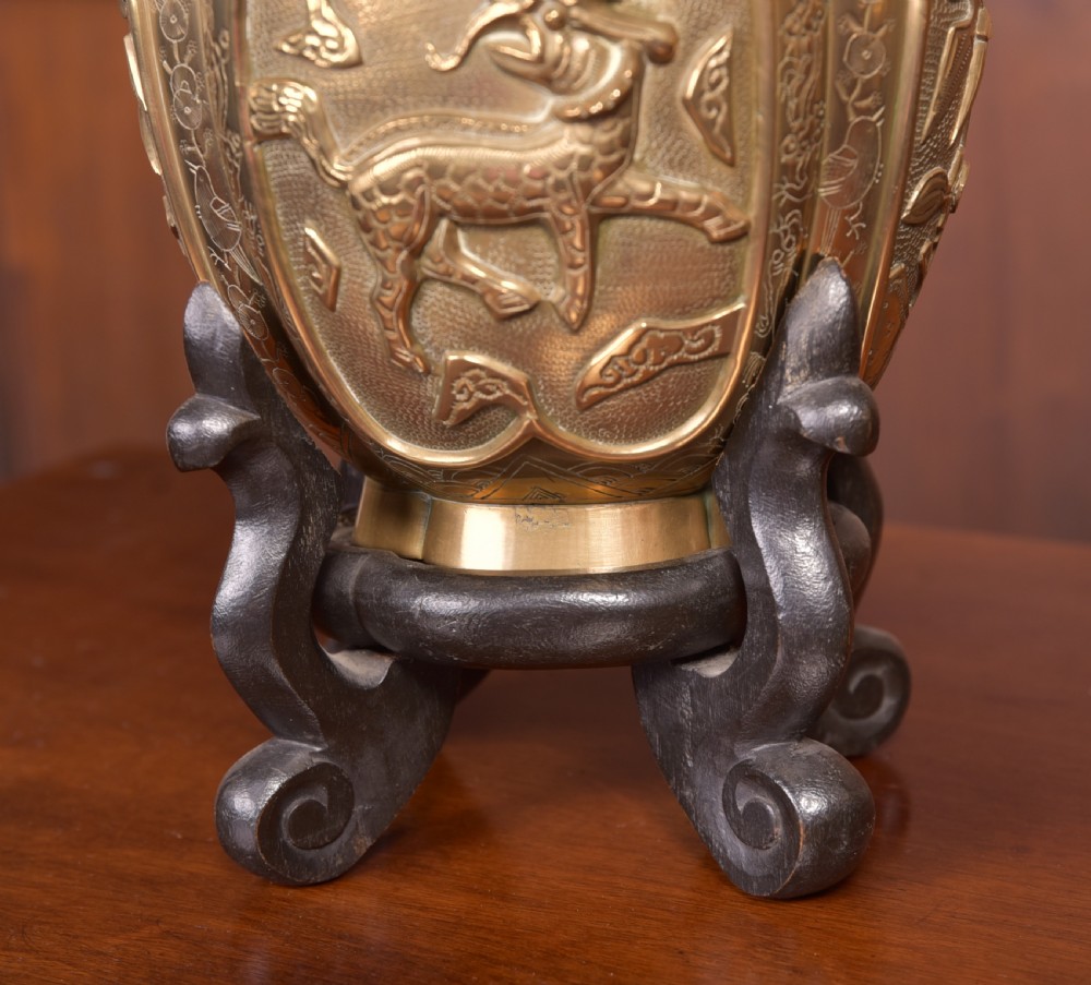 Pair of Edwardian Chinese brass vases on stands View V