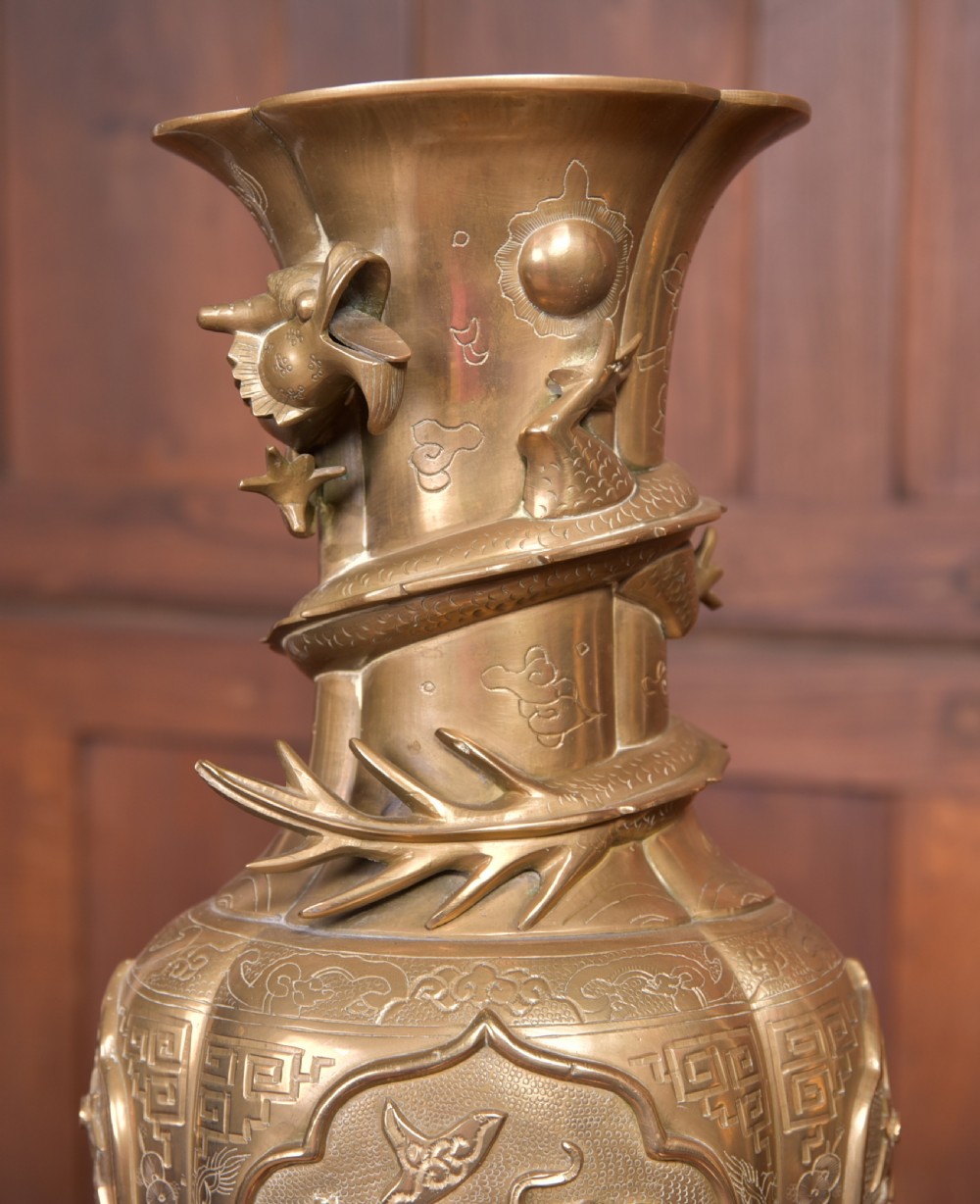 Pair of Edwardian Chinese brass vases on stands View VI