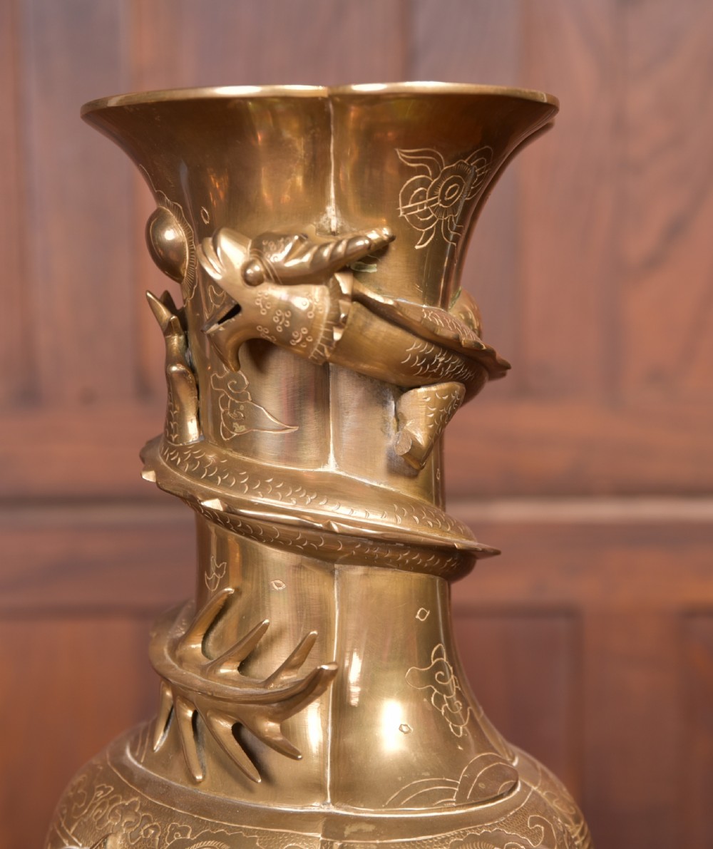 Pair of Edwardian Chinese brass vases on stands View VII
