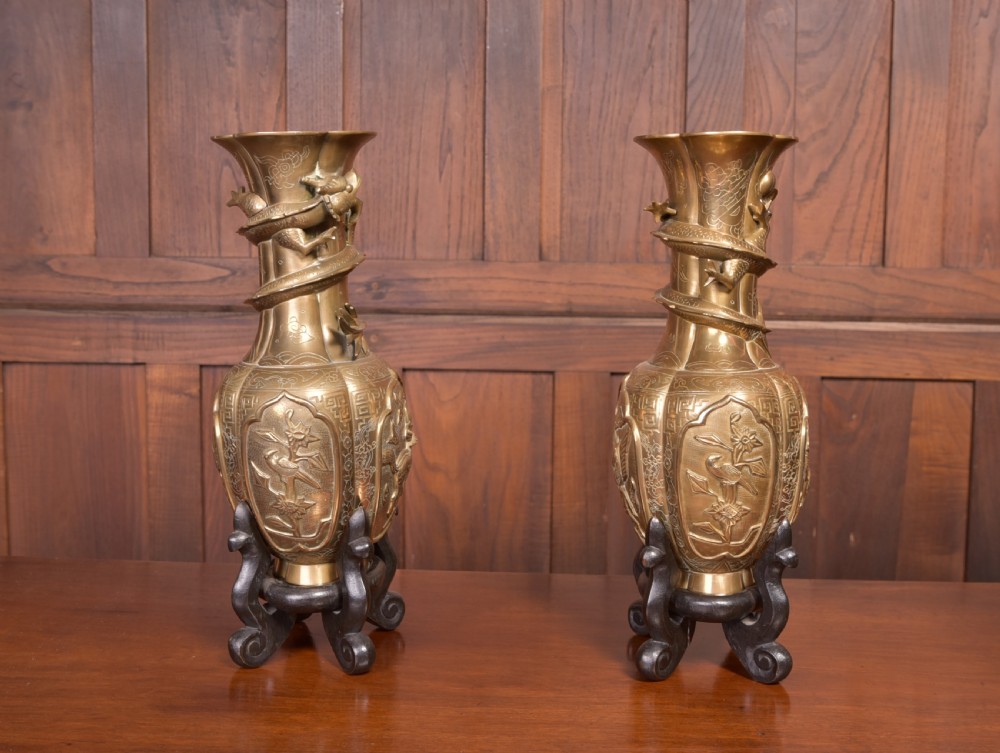 Pair of Edwardian Chinese brass vases on stands View IX