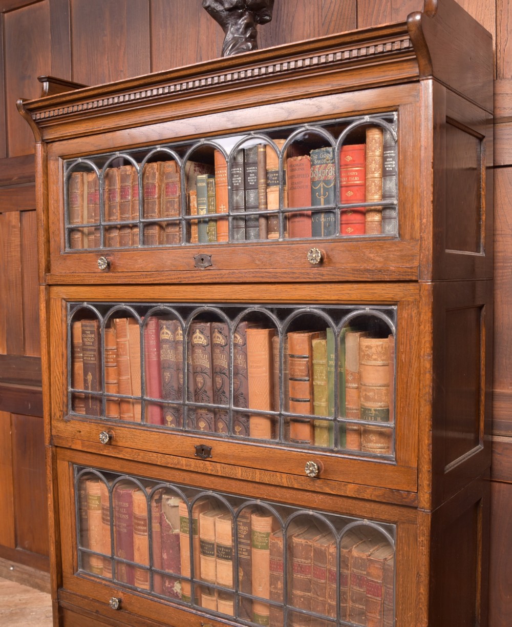 Edwardian oak Lebus 3 Sectional bookcase View XIII