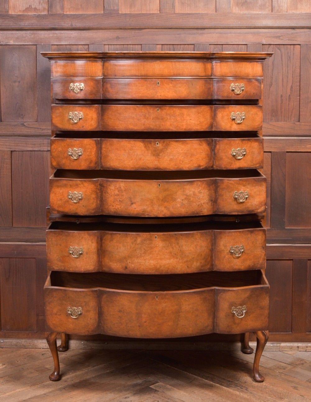 Burr Walnut Serpentine Chest on Chest View II