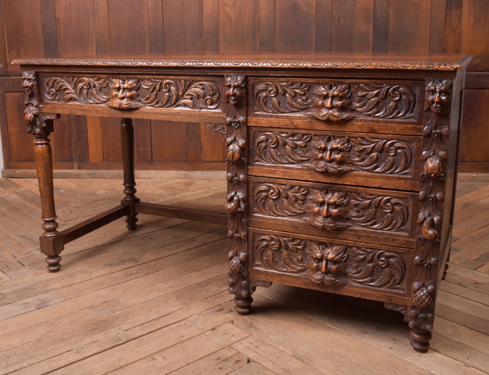 Edwardian Oak Carved Knee hole Desk View V