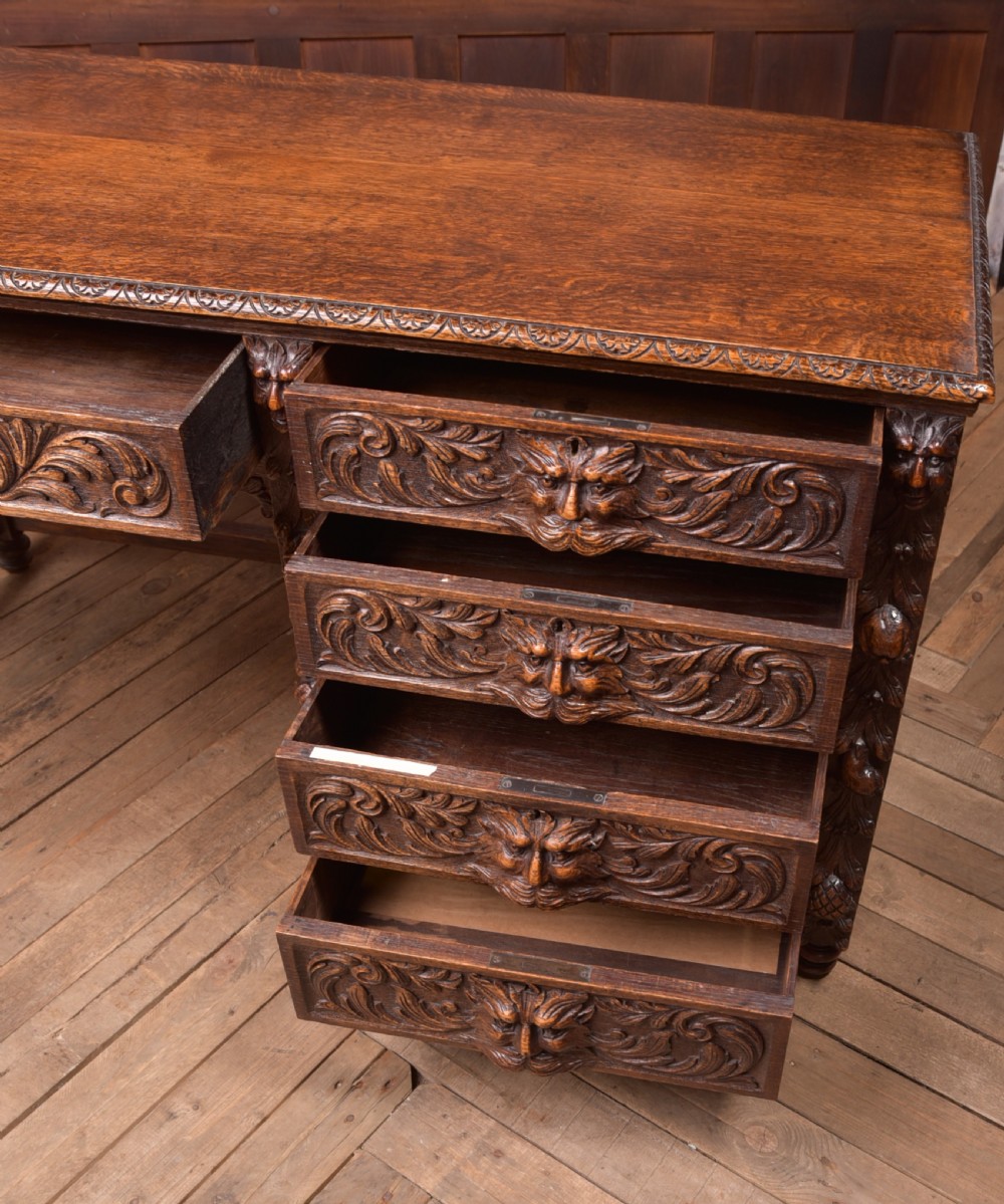 Edwardian Oak Carved Knee hole Desk View VI