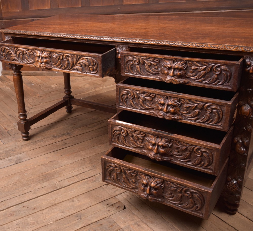 Edwardian Oak Carved Knee hole Desk View VII