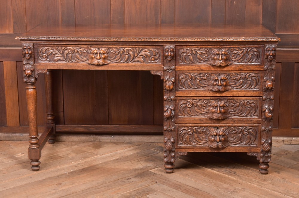 Edwardian Oak Carved Knee hole Desk View VIII