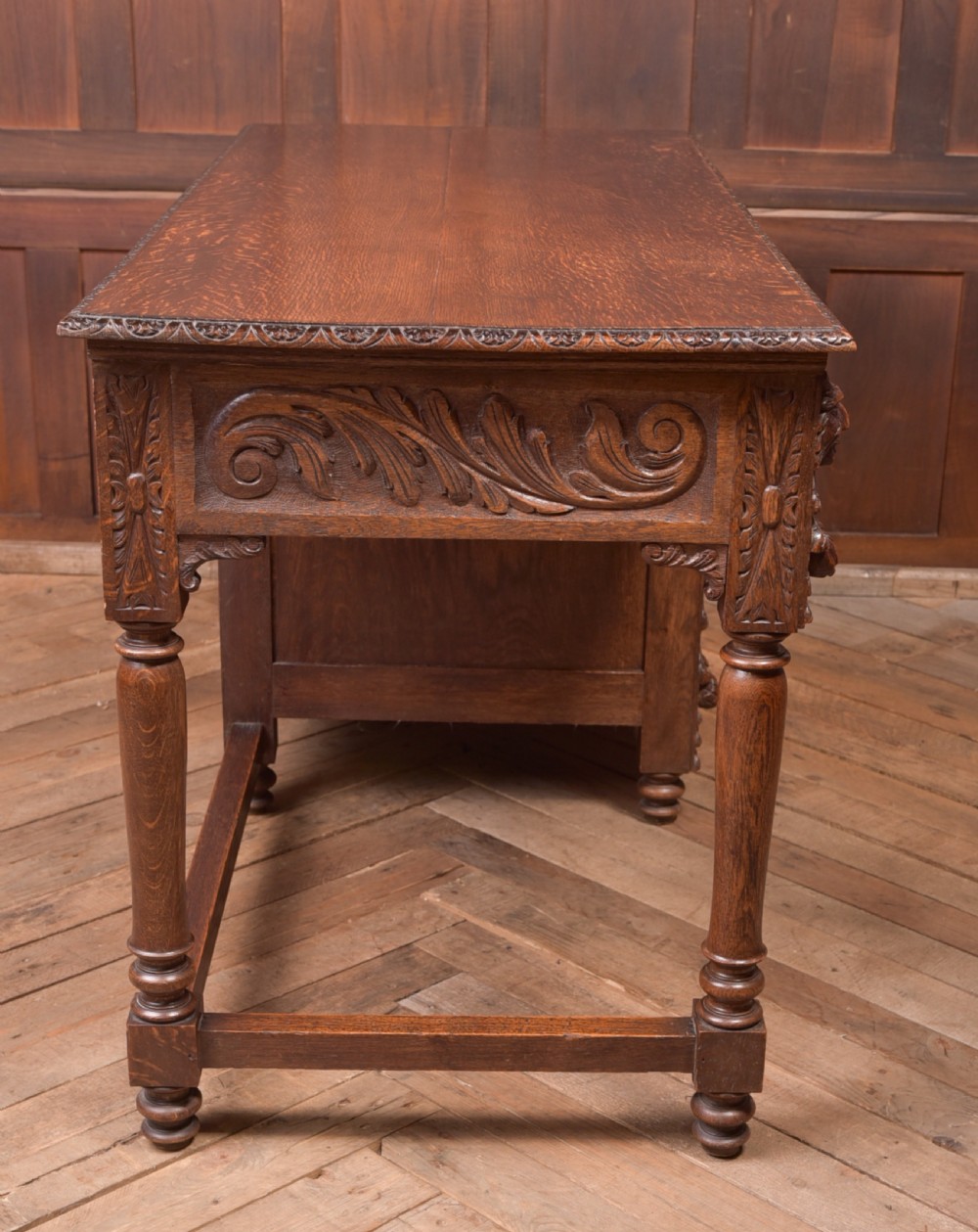 Edwardian Oak Carved Knee hole Desk View IX