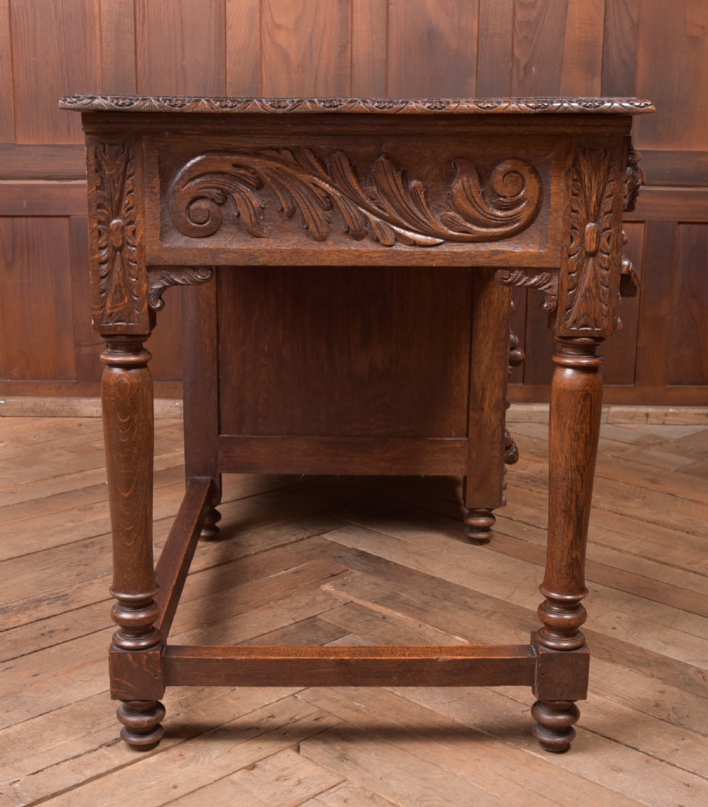 Edwardian Oak Carved Knee hole Desk View XIII