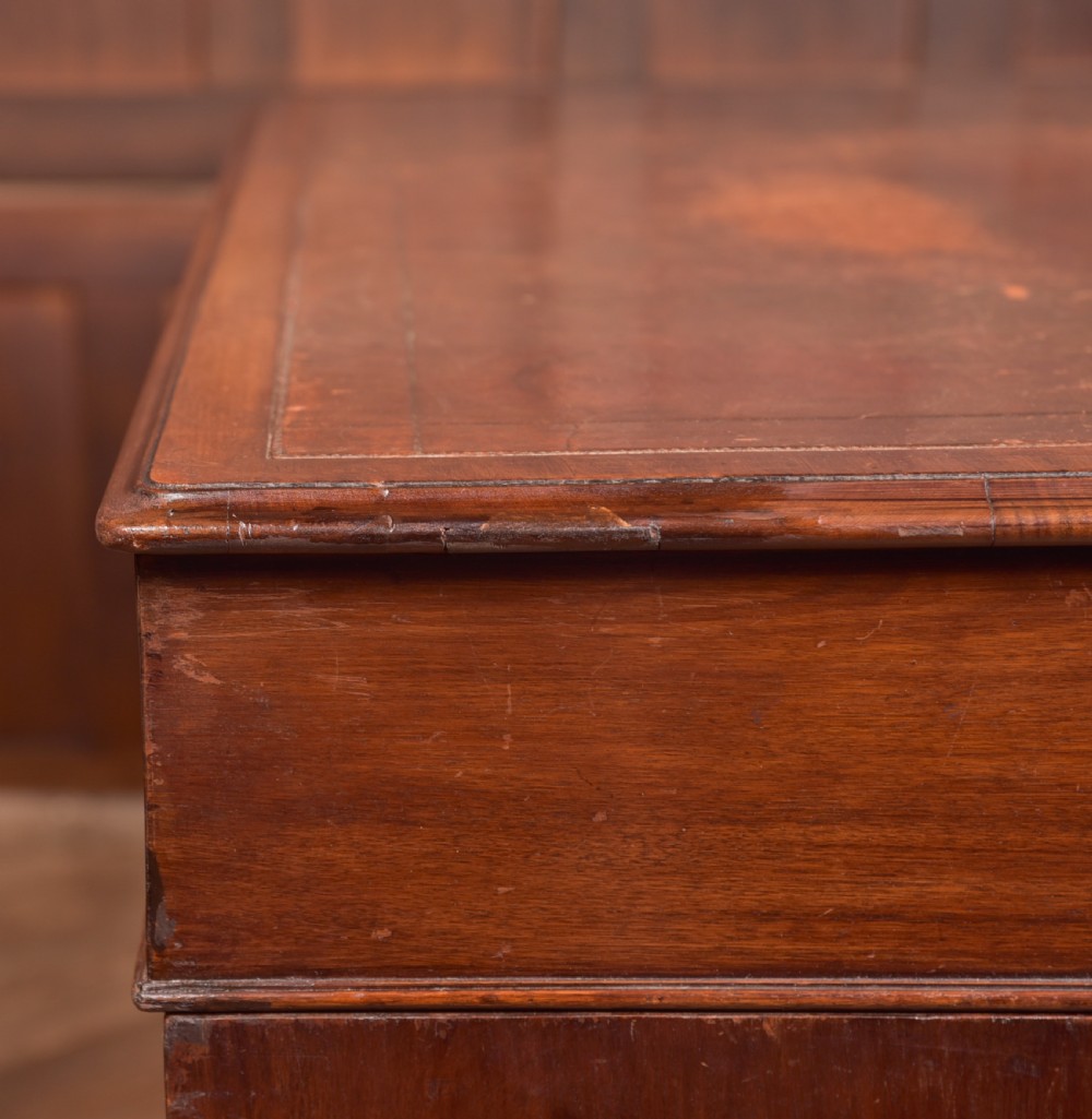 An Edwardian mahogany pedestal desk with nine drawers, brass ring handles, and a leather-inset writing surface. View XXI