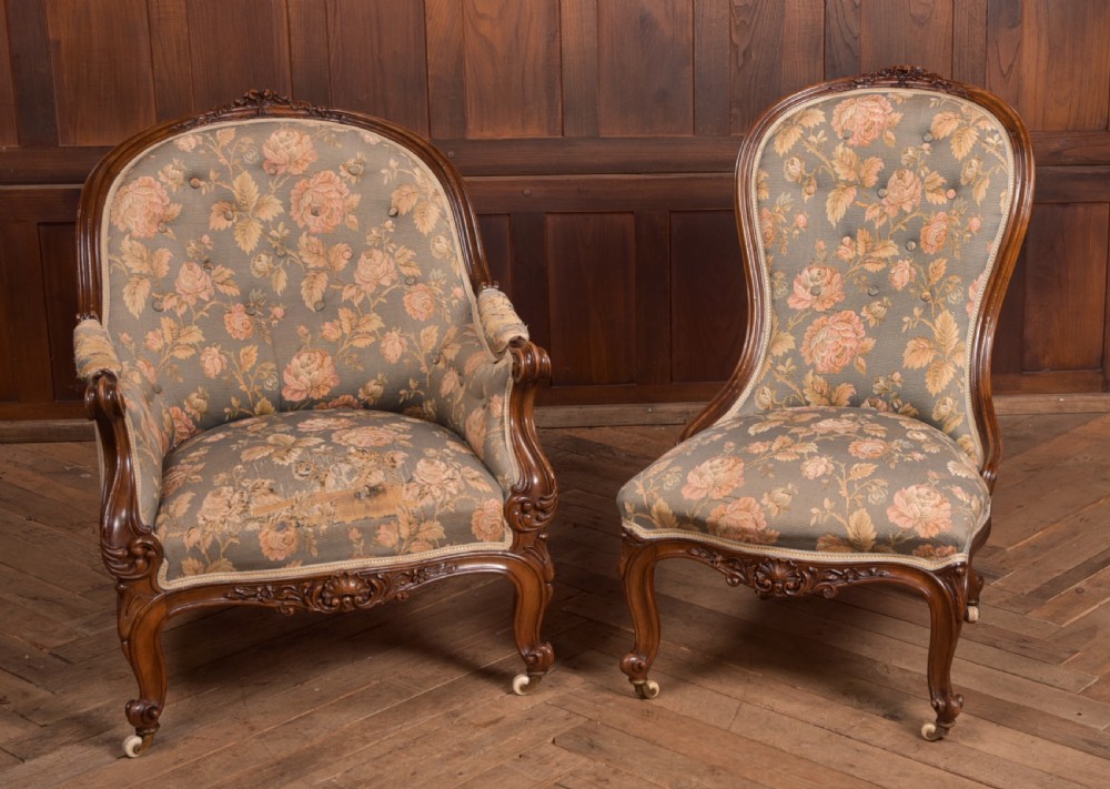 Victorian Walnut His & Her Parlour Chairs