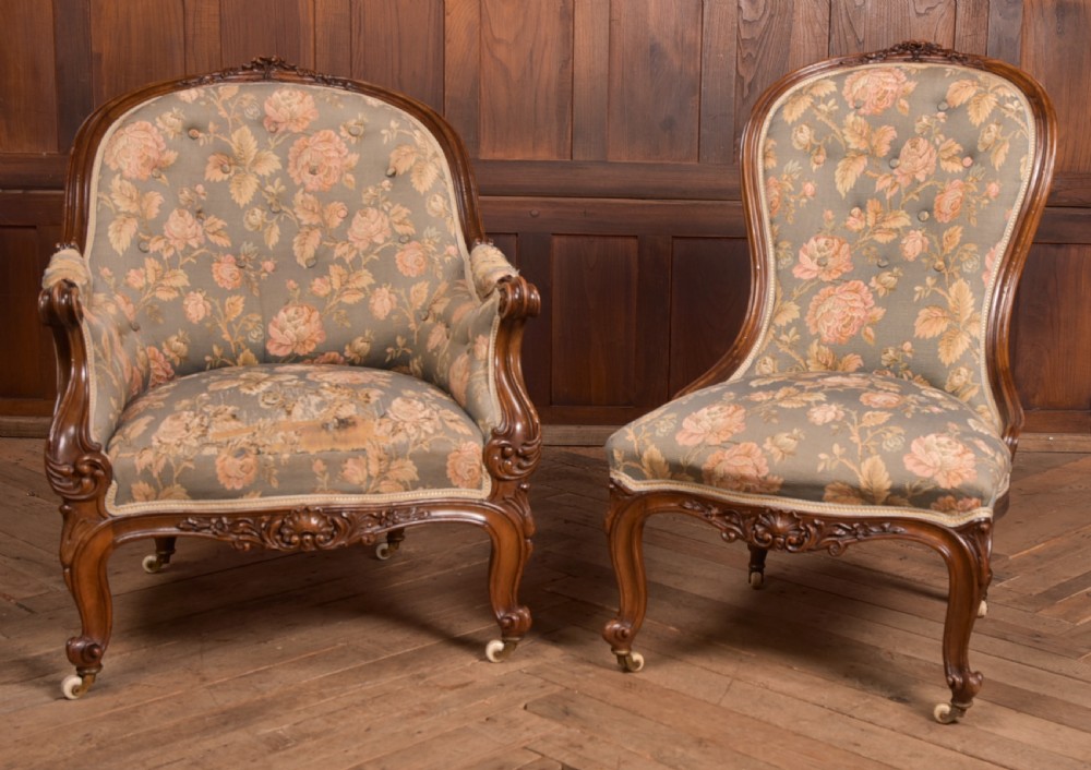 Victorian Walnut His & Her Parlour Chairs View XVII