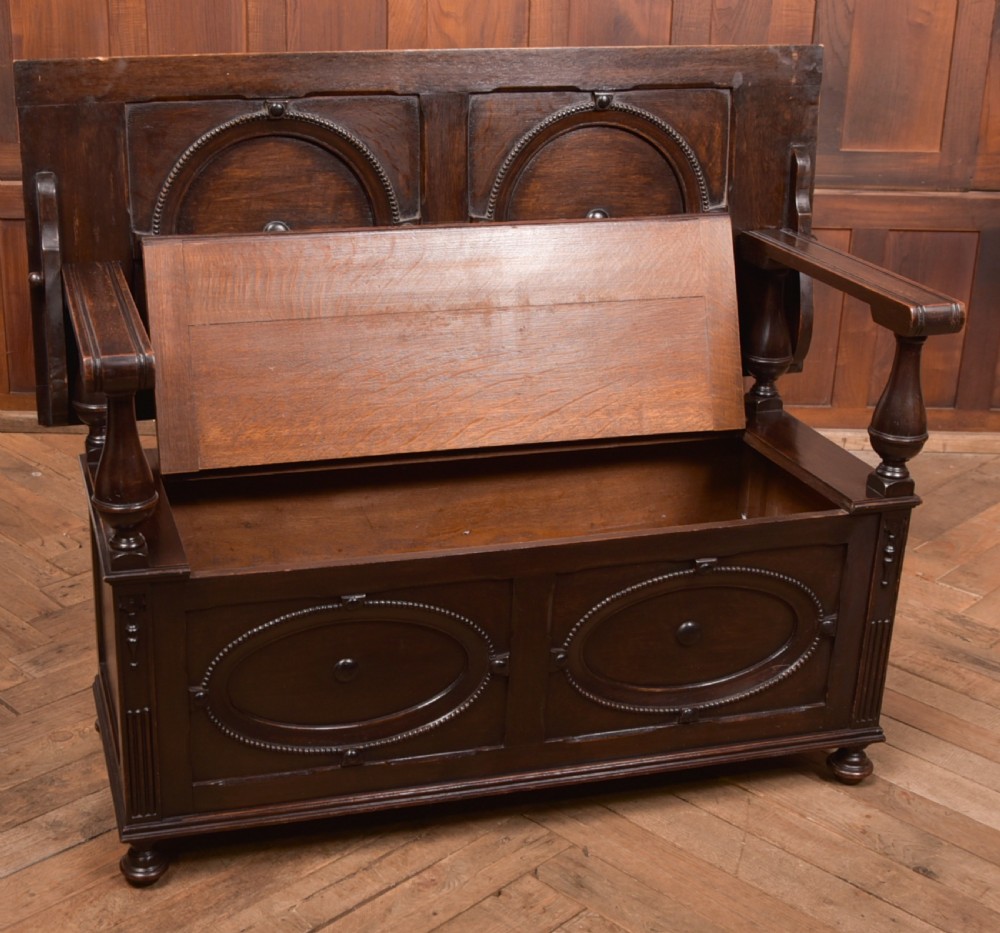 Edwardian Oak Monk Bench View XI
