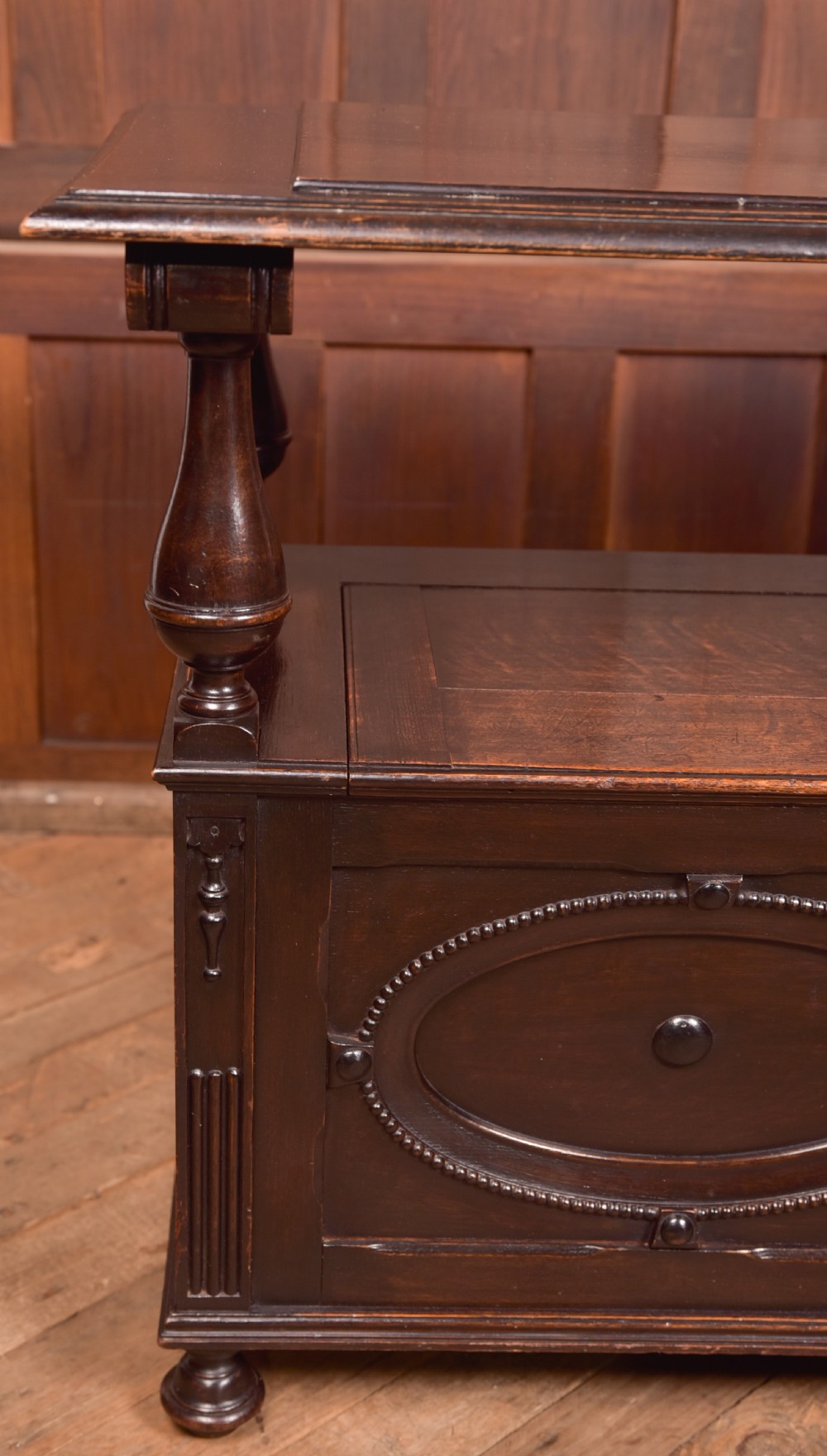 Edwardian Oak Monk Bench View XVIII