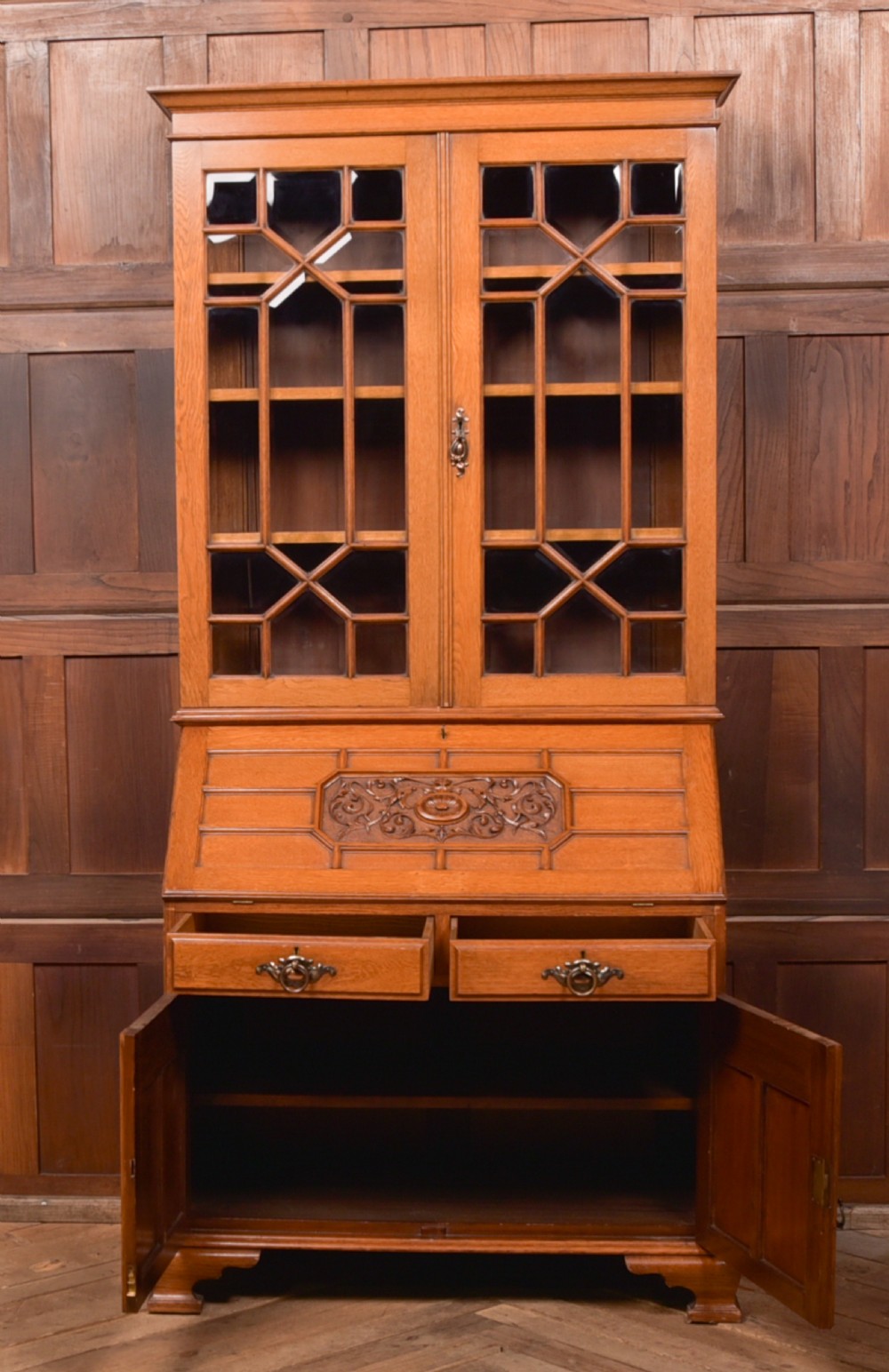Edwardian Oak Bureau Bookcase View XVII